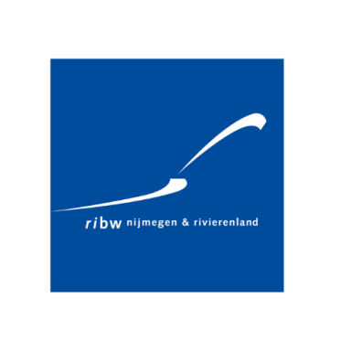 Logo van RIBW Nijmegen & Rivierenland in blauwe achtergrond met witte golvende lijnen.