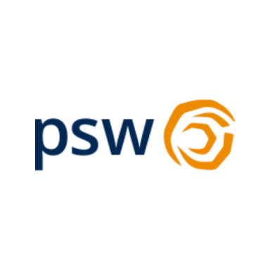 Logo van PSW met een blauwe tekst en een oranje cirkelvormig symbool.