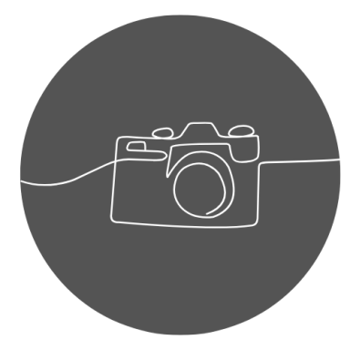 Een eenvoudige lijntekening van een vintage camera op een donkere achtergrond.
