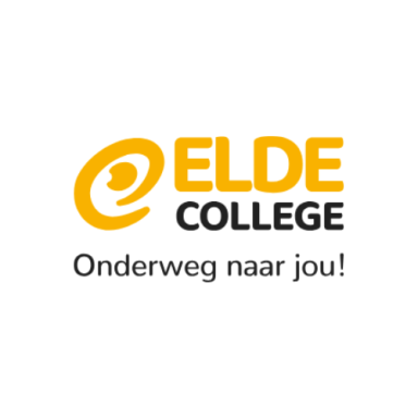 Logo van Elde College met de slogan "Onderweg naar jou!" in geel en zwart.