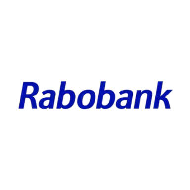 Logo van Rabobank in blauwe tekst op een witte achtergrond.